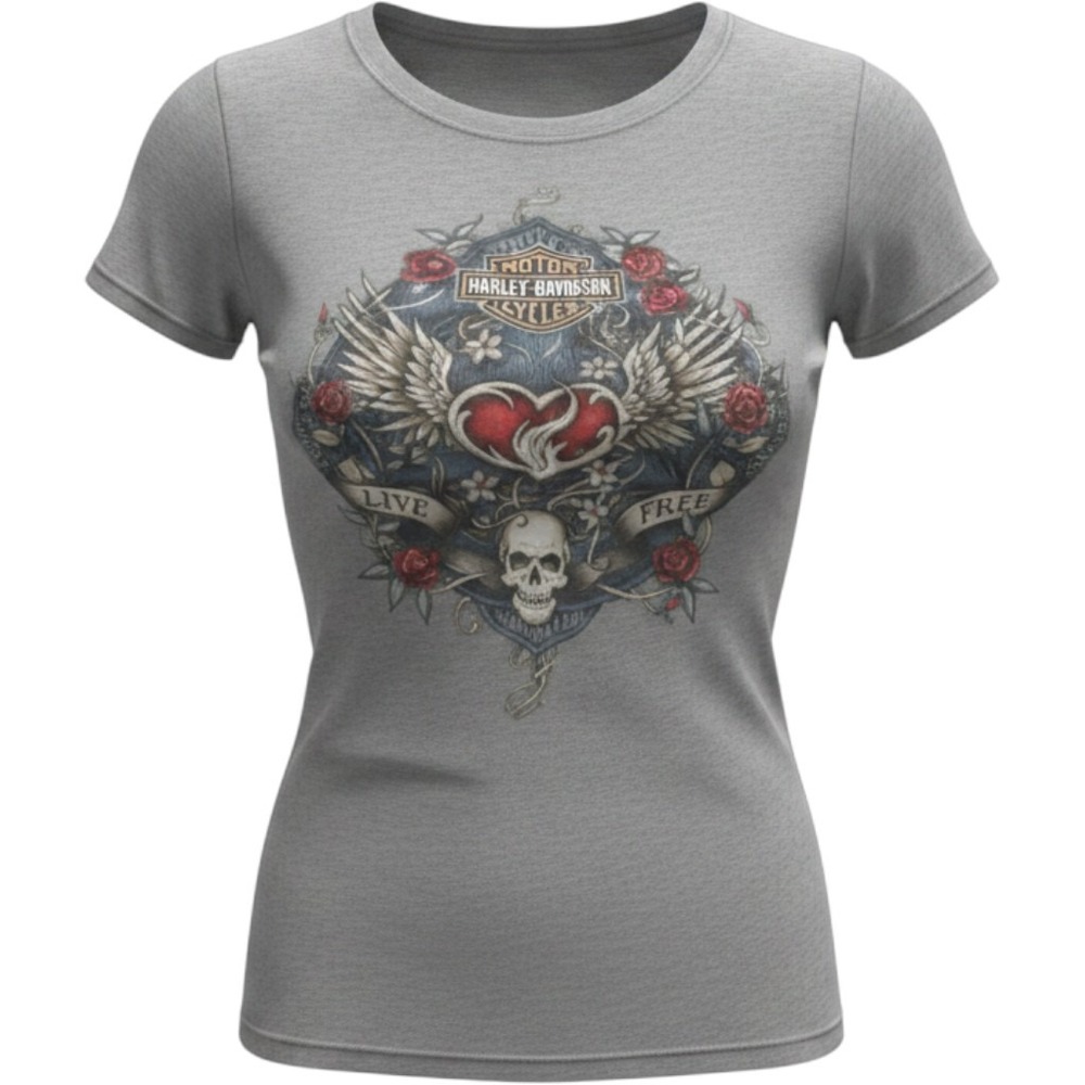 Harley-Davidson Womens Gray Live Free Skull Back Graphic Shirt Pig Trail Medium
